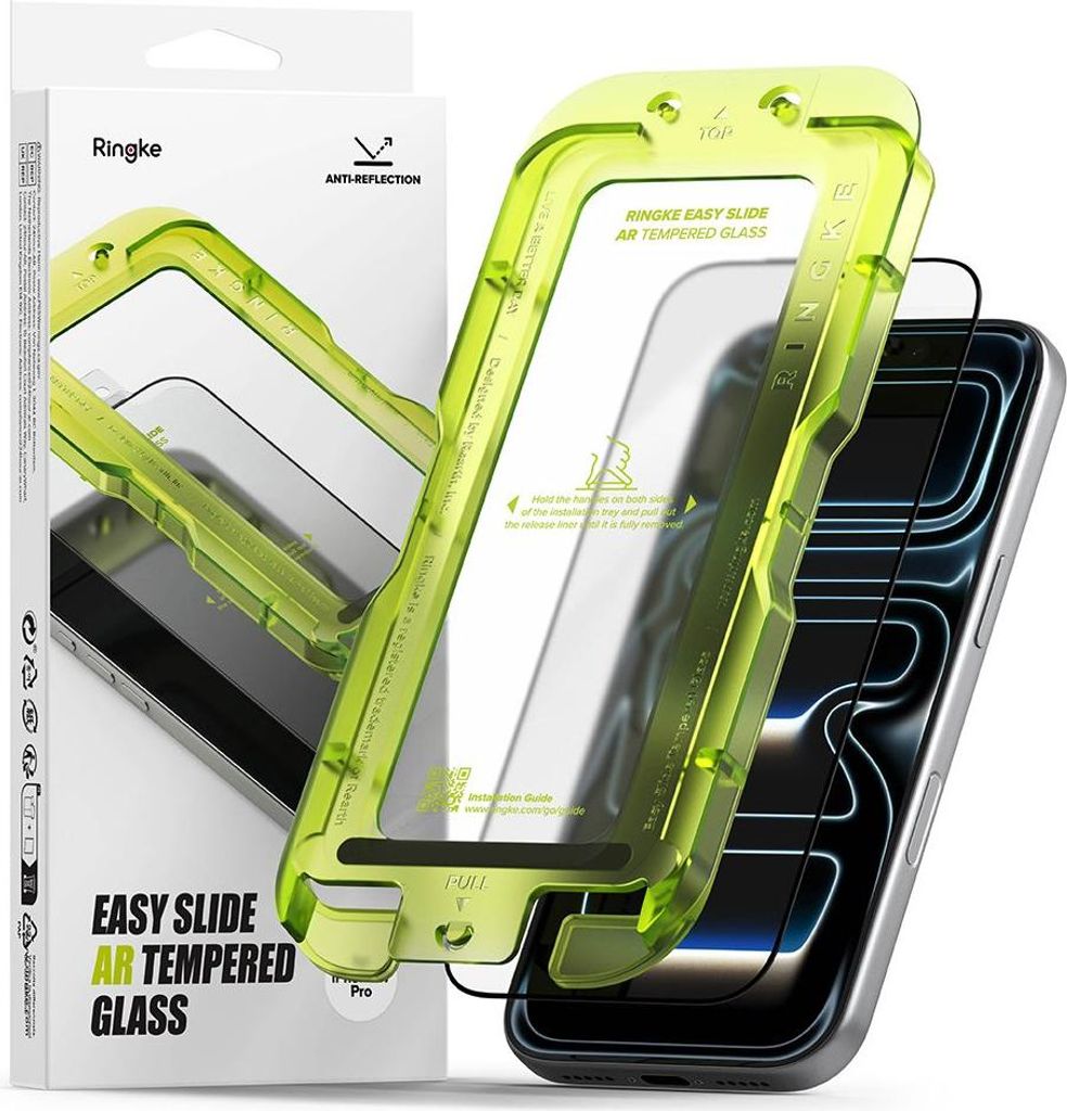 Gehärtetes Antireflexglas mit Applikator für iPhone 17 Pro, Ringke Easy Slide AR, 1 Stück, schwarzer Rahmen
