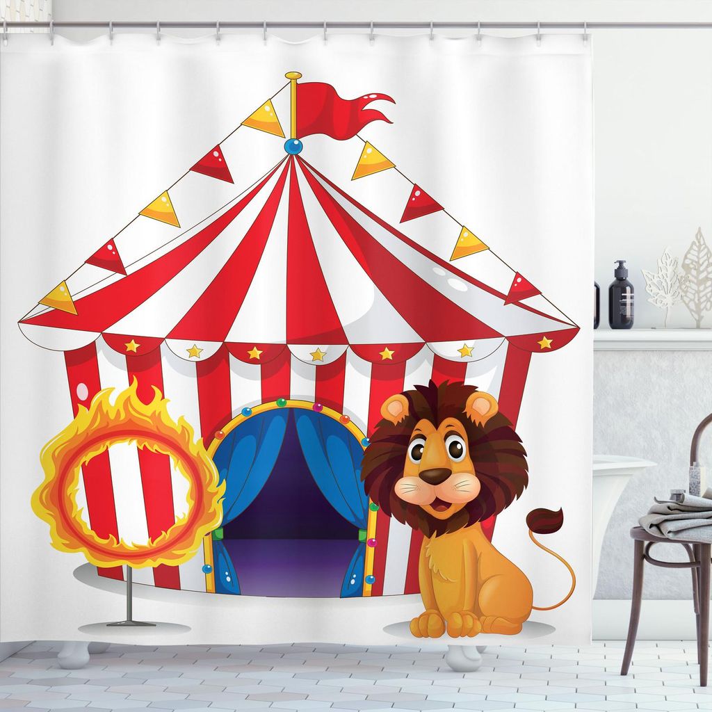 ABAKUHAUS Zirkus Duschvorhang, Löwe Und Feuerring Vor Dem Zirkuszelt Blazing Flame Adventure Dangerous, 175 x 240 cm, Mehrfarbig