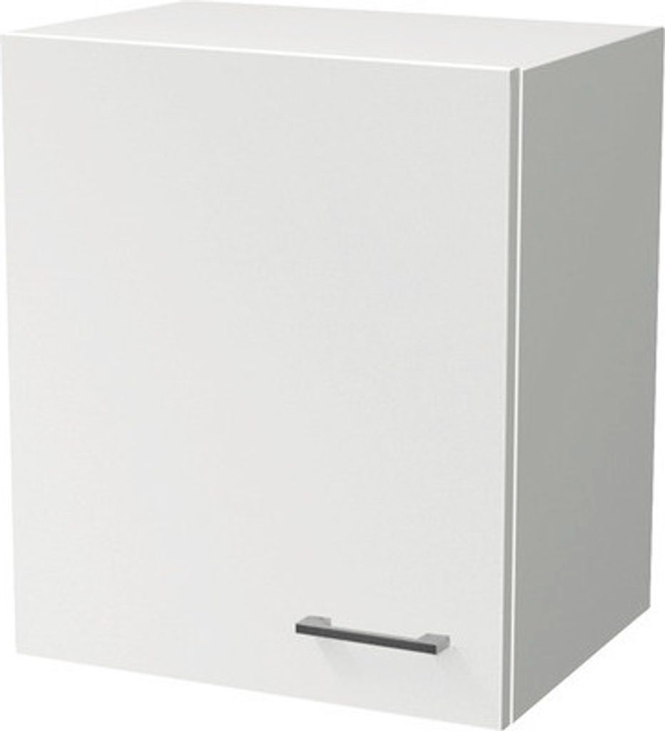 A white kitchen cabinet with a silver handle.