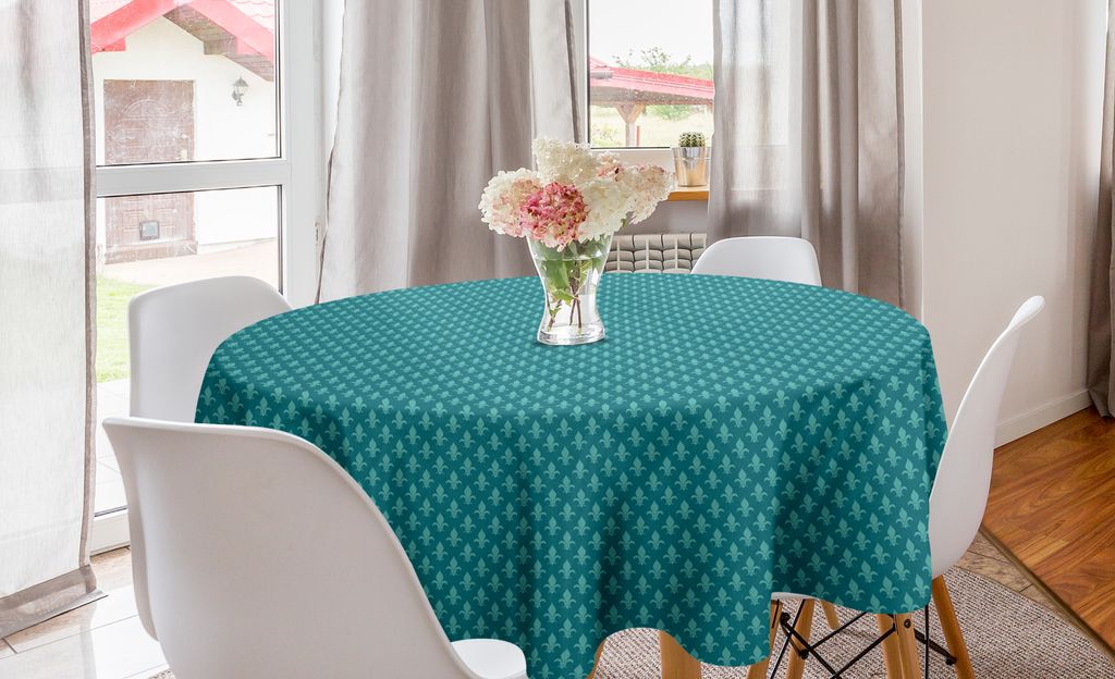 ABAKUHAUS Fleur de Lis Runde Tischdecke, Retro Damast-Muster, Kreis Tischdecke Abdeckung für Esszimmer Küche Dekoration, 150 cm, Teal