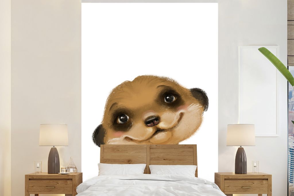 MuchoWow Fototapete für Wohnzimmer oder Schlafzimmer Wandtapete Vinyl Motivtapete Erdmännchen - Porträt - Weiß - 225x350 cm - Schlafzimmer ta...