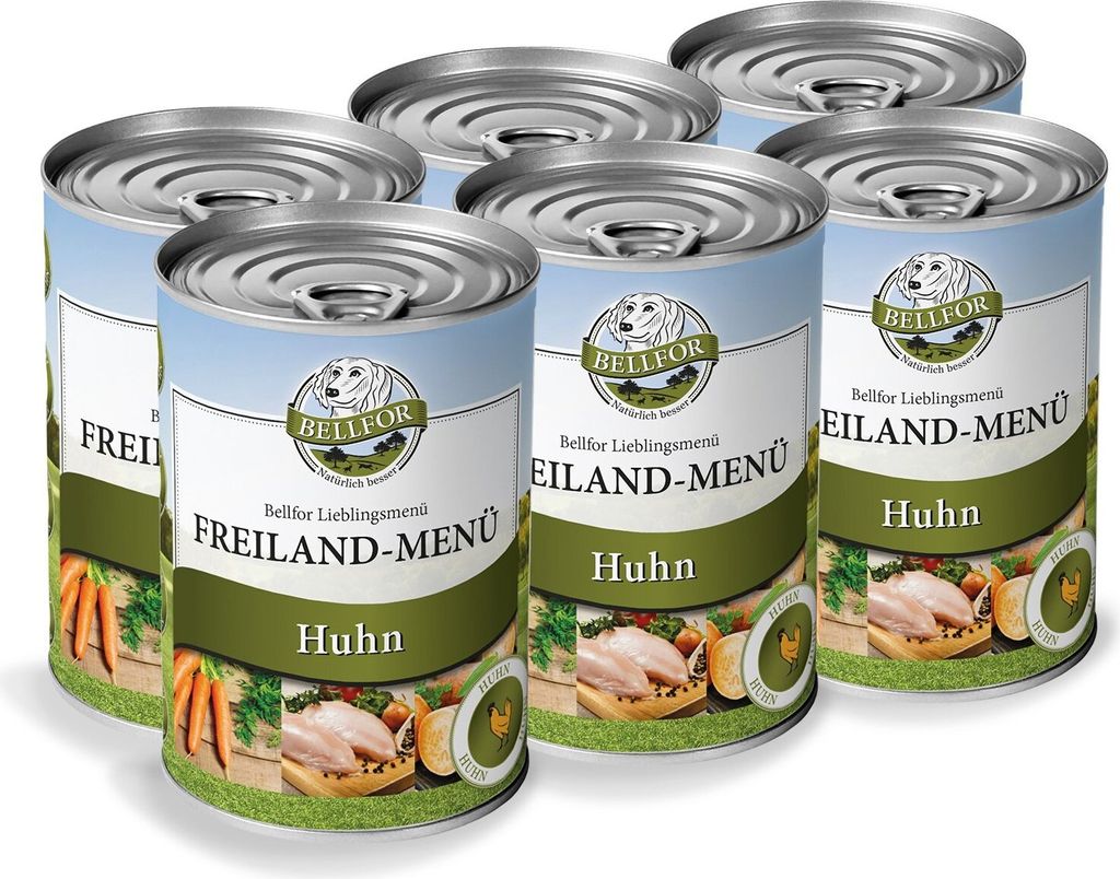 A group of six cans of dog food are arranged in a staggered formation against a white background.