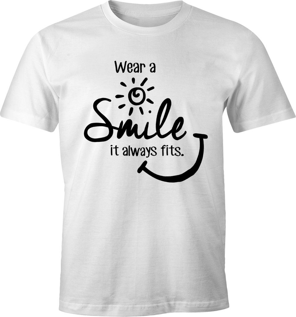 Herren T-Shirt Spruch Wear a Smile it always fits Fun-Shirt Moonworks weiß L