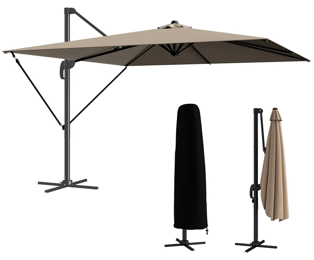 Parasol de terrasse carré 2,9 m inclinable kaki pour grand jardin