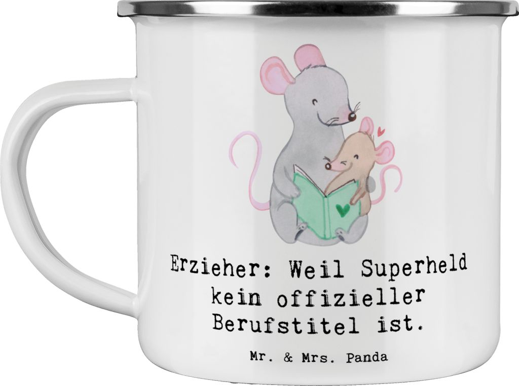 Mr. & Mrs. Panda Teetasse Erzieher Superheld - Weiß - Geschenk, Dankeschön, Emaille Becher, Berufsgestaltung, Beruf, Lernen, Kaffeepott, Bezugspe...