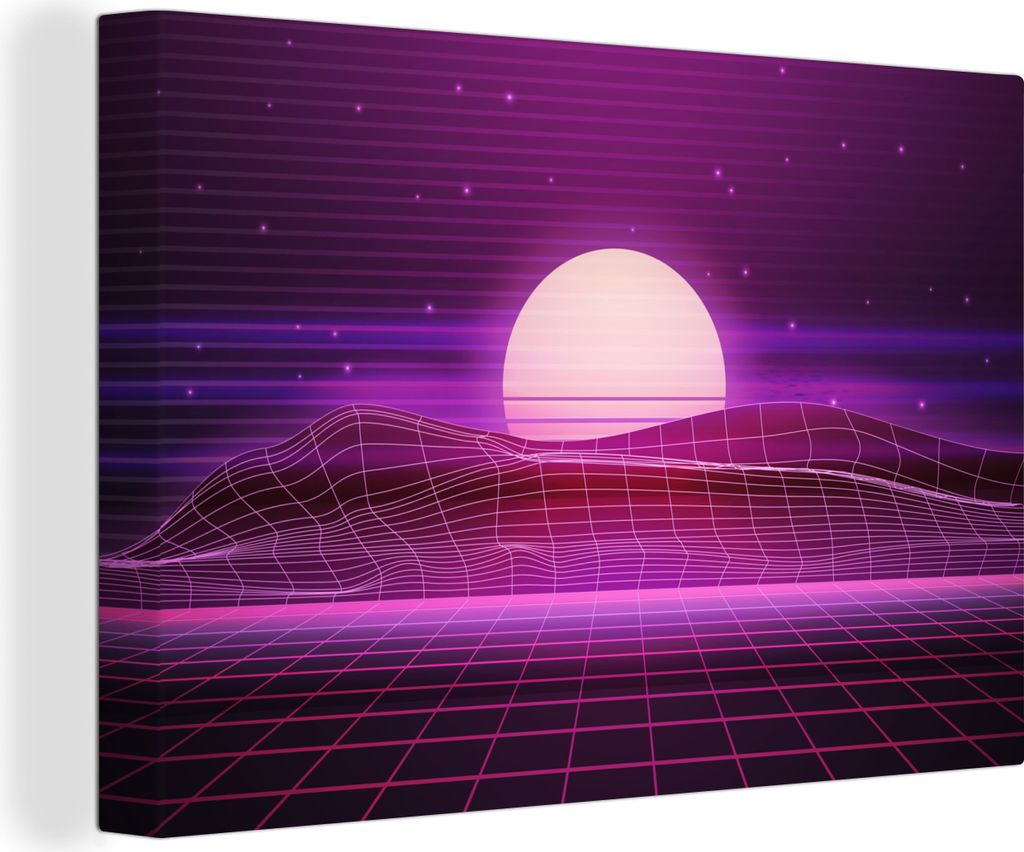 OneMillionCanvasses - Leinwandbilder - 140x90 cm, Spiele - Neon - Retro - Lila - Sonne - Spiele, Wandbilder Kunstdruck Wanddekoration - Foto auf ...