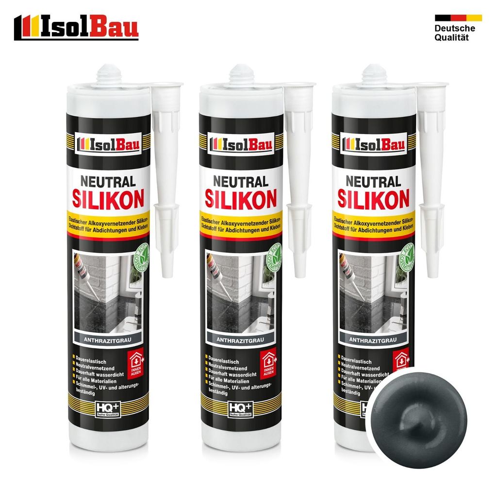 Isolbau Neutralsilikon 3 x 300 ml Anthrazitgrau Natursteinsilikon Dichtstoff Fugen Innen Außen
