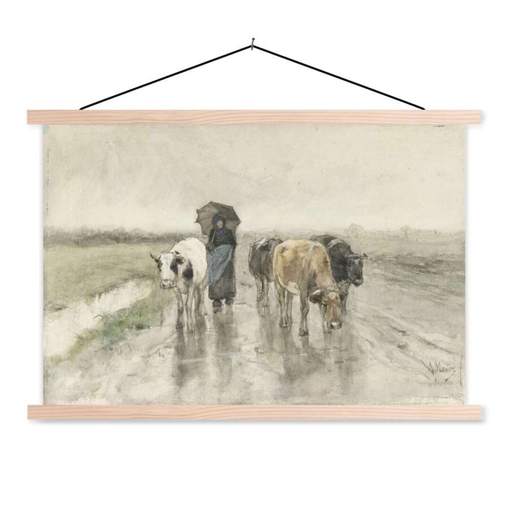 MuchoWow Textilposter Eine Bäuerin mit Kühen auf einer Landstraße im Regen - Gemälde von Anton Mauve 60x40 cm mit holzfarbenen Rahmen - Bilder