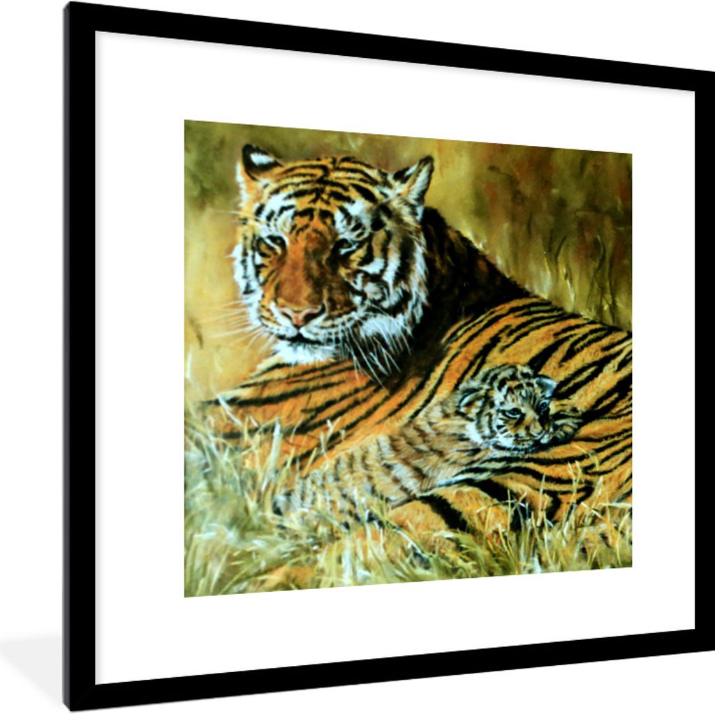MuchoWow Gerahmtes Poster Ölgemälde Tiger und ihr Junges 40x40 cm - Poster mit Schwarzem Bilderrahmen Wandposter Rahmen Foto Bilder - Poster - ...