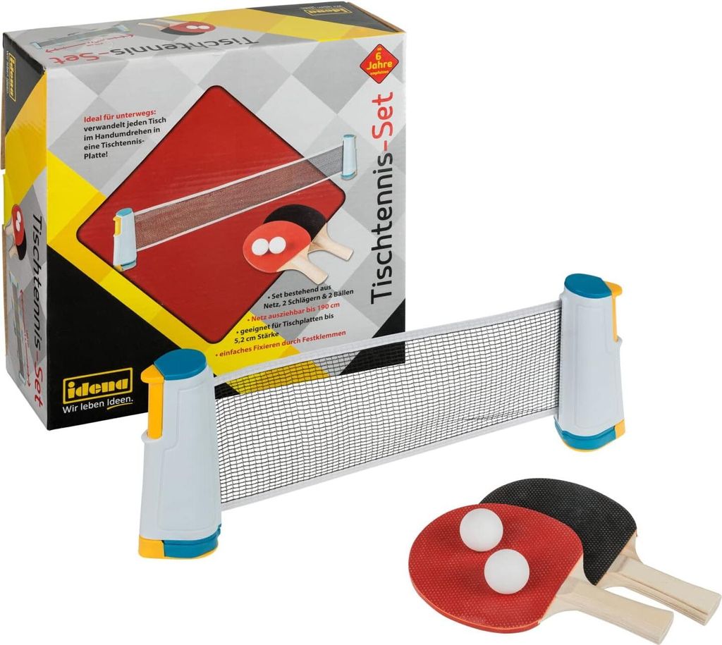 Idena 40204 - Tischtennis Set mit Netz, zwei Kellen und zwei Bällen, zur einfachen Montage an Tischplatten, perfekt für Unterwegs, im Urlaub oder...