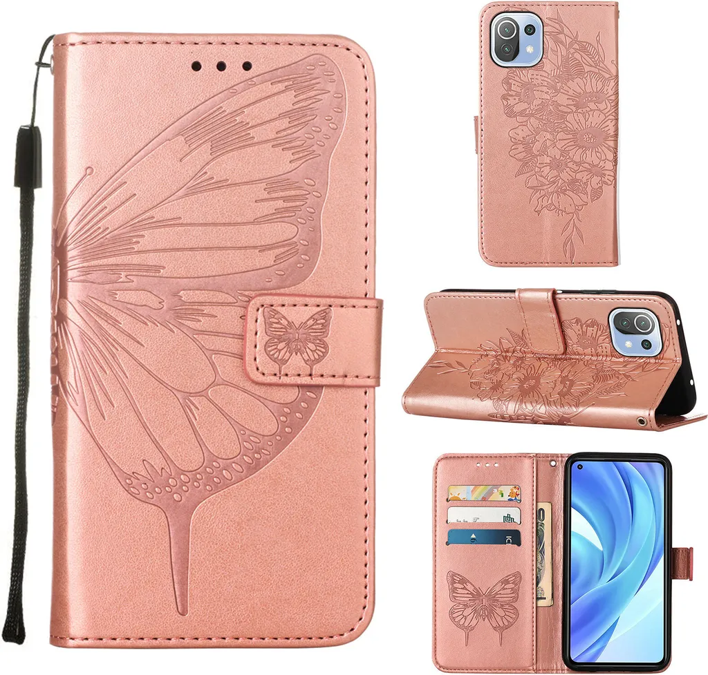 Xiaomi Mi 11 Lite Case, Butterfly Relief Flip Custodia in pelle con slot per schede e stand per Xiaomi Mi 11 Lite Rose Gold
