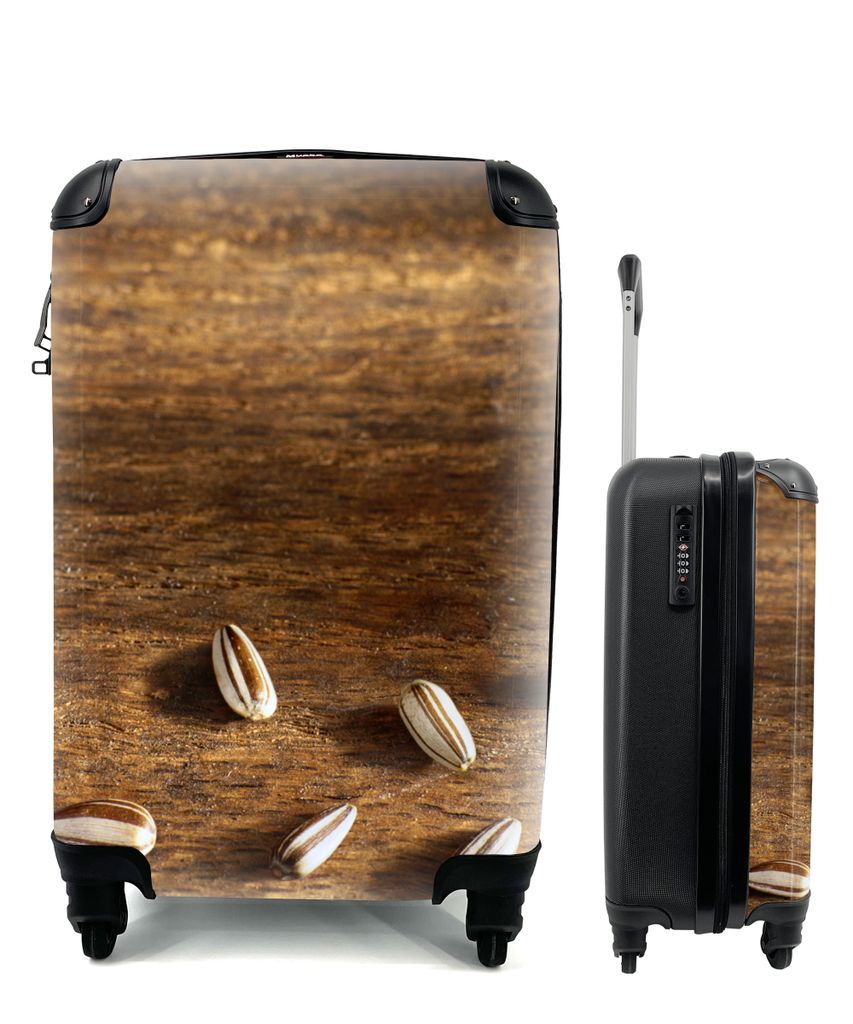 MuchoWow Koffer Handgepäck Trolley Rollkoffer Kleine Reisekoffer mit 4 Rollen - Zehn schöne Sonnenblumenkerne auf einem Holztisch - Cabin Size ...
