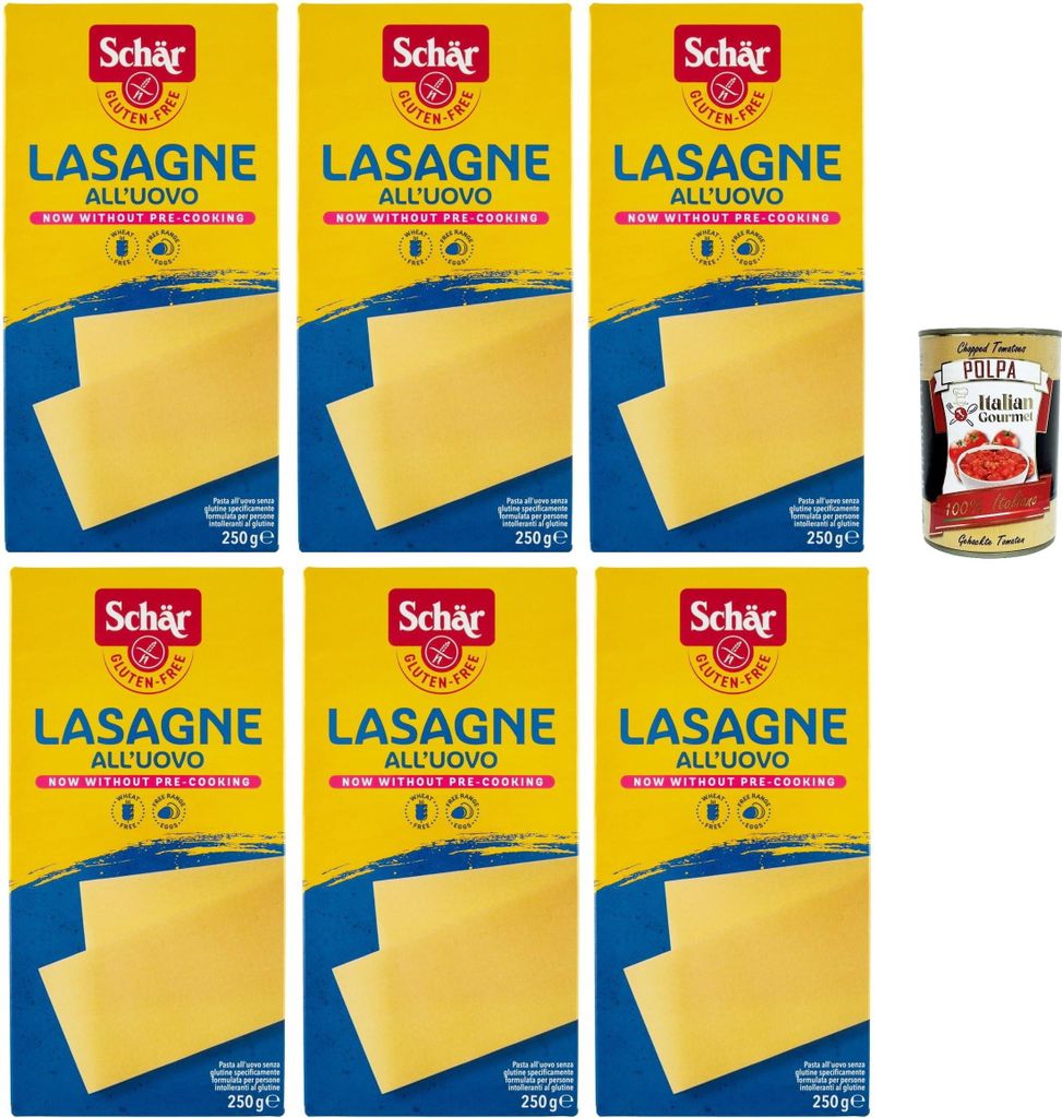 SCHÄR Senza Glutine Lasagne all'uovo, Glutenfrei Eiernudel Pasta nudeln, gluten free pasta, 6x 250g + Italian Gourmet polpa 400g