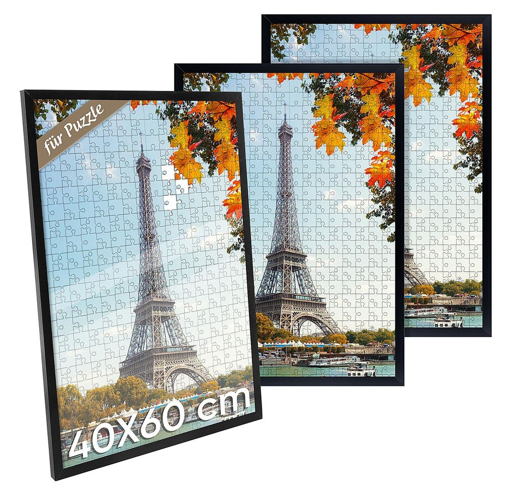 3 Pack Bilderrahmen 40x60 Schwarz, Rahmen 60x40 Puzzle Wandrahmen, Holz MDF Rahmen mit Bruchsicherem Acrylglas, für Poster, Collage, Fotos, Bilder