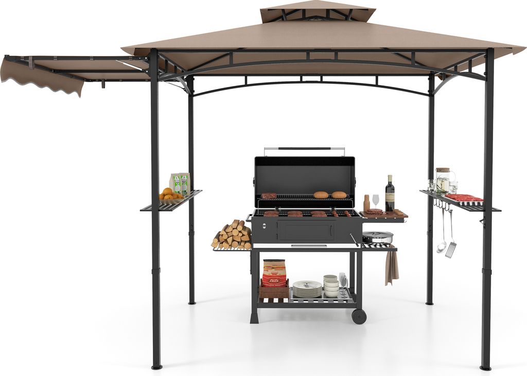 A grill pavilion with a grill and accessories set up on a white background.