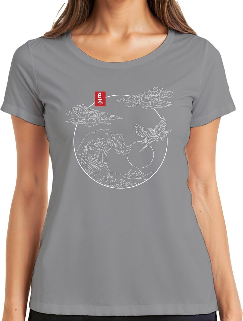 Japanische Welle Kranich Fuji Sonne Wolken Kreis Linienkunst Damen T-Shirt, Grau, XL