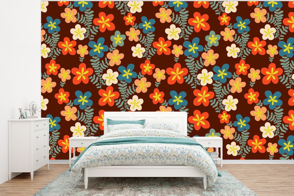 MuchoWow Fototapete für Wohnzimmer oder Schlafzimmer Wandtapete Vinyl Motivtapete Retro - Muster - Blumen - 1970er Jahre - 400x300 cm - Papierta...