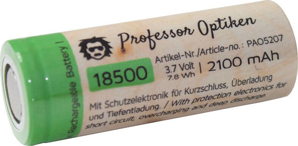 A single 18500 rechargeable battery with branding and specifications printed on it.