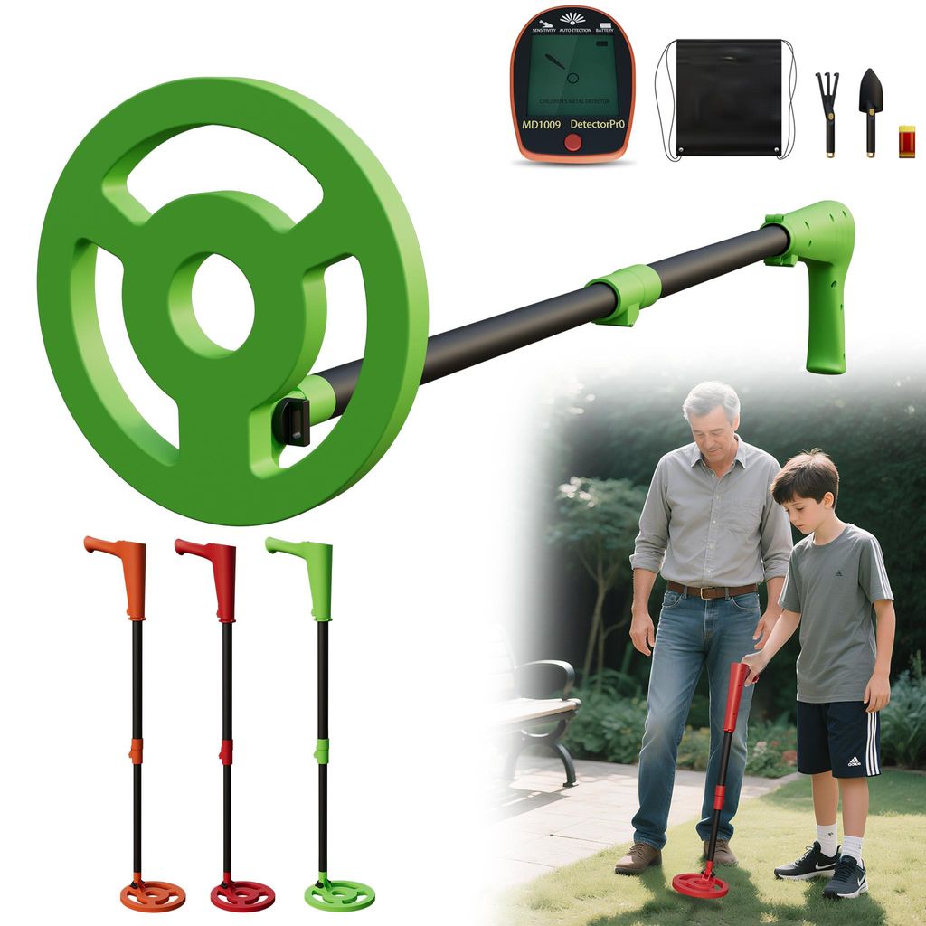 XMTECH Kinder Metalldetektor Grün, Verstellbarer Schatzsucher mit wasserdichter 16,5 cm Suchspule, LCD-Display, Signalton, inklusive Schaufel & Tr...