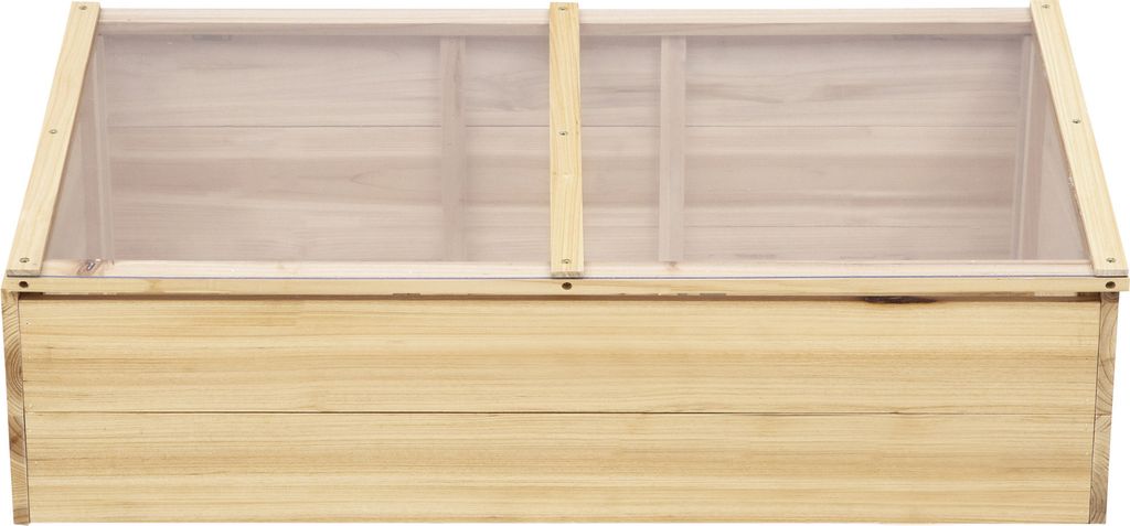A wooden cold frame with a clear lid.