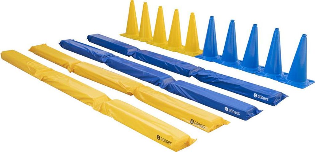 A set of agility training equipment including cones and balance beams, arranged on a white background.