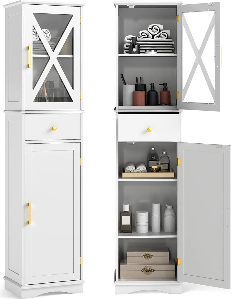 COSTWAY Mobile Contenitore Alto per Bagno: Stile Slim e Bianco Puro