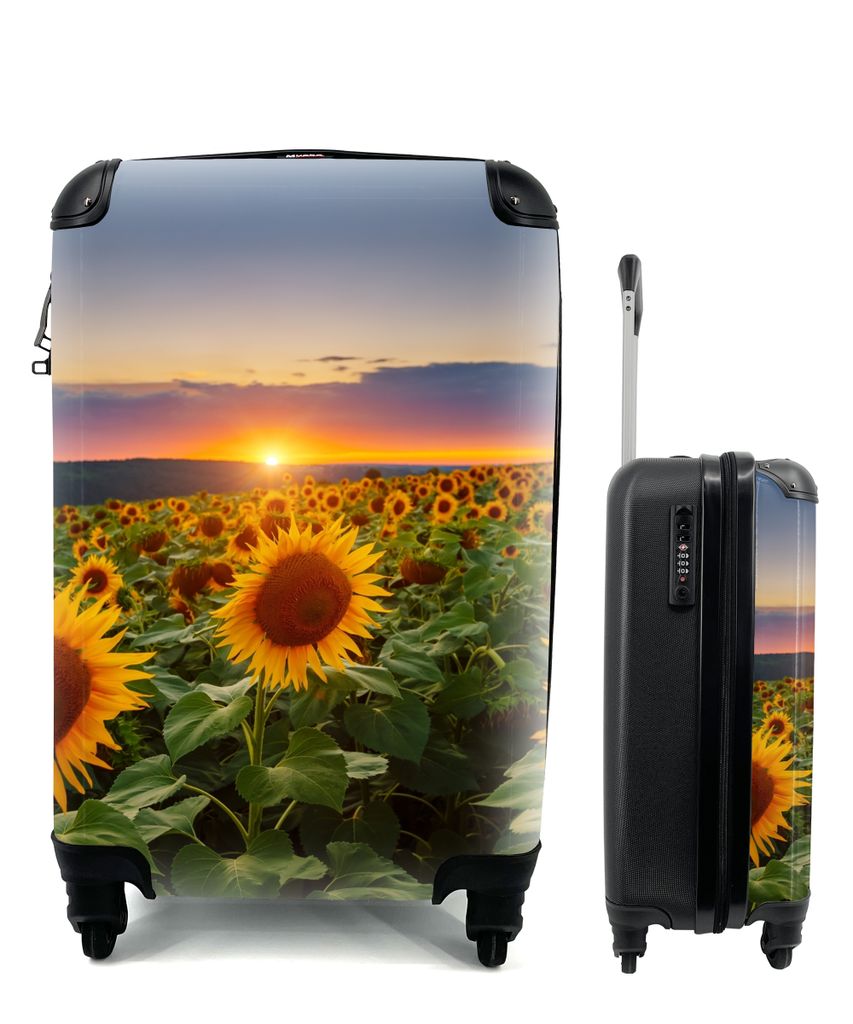 MuchoWow Koffer Handgepäck Trolley Rollkoffer Kleine Reisekoffer mit 4 Rollen - Blumen - Nacht - Sonnenuntergang - Sonnenblume - Horizont - Cabi...