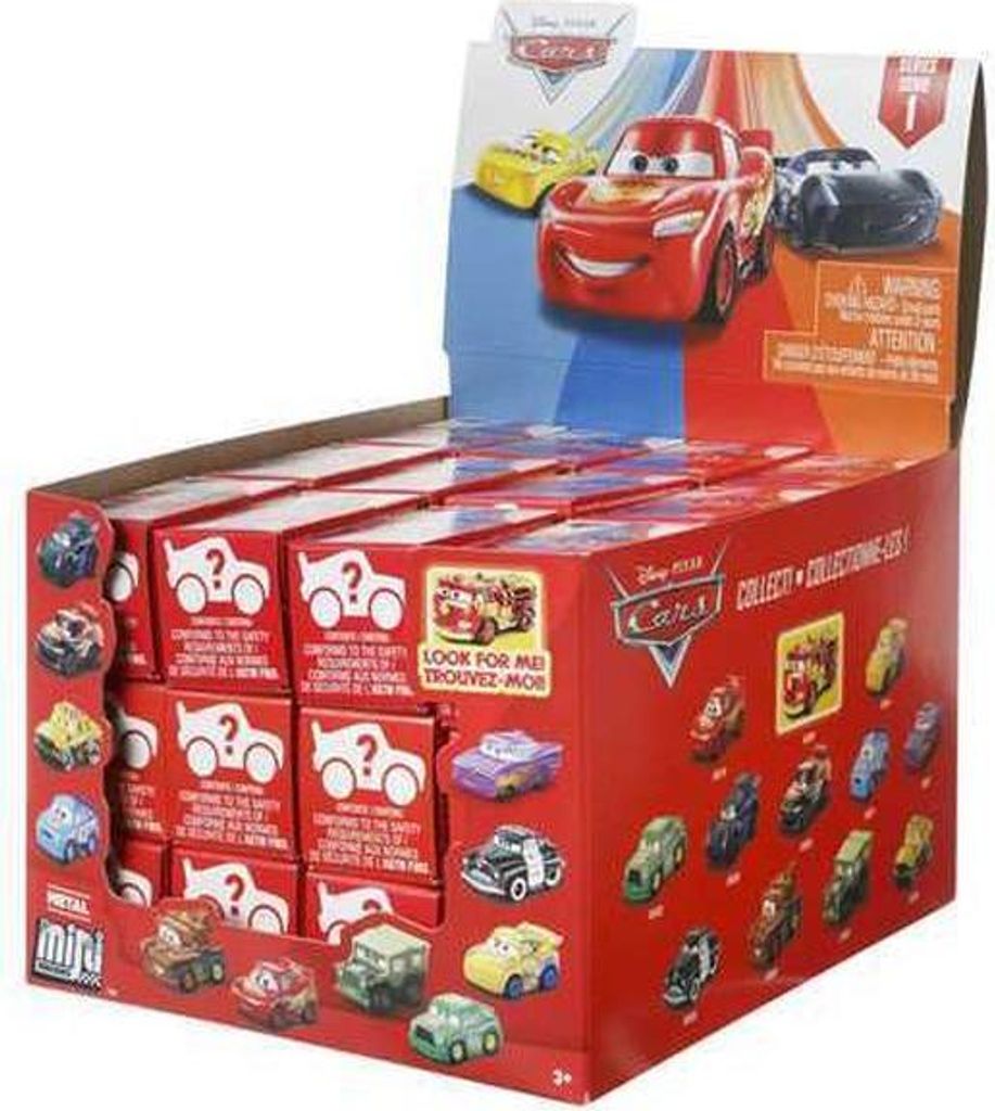 A display box filled with blind pack toys, featuring characters from the Disney Pixar Cars movie franchise.