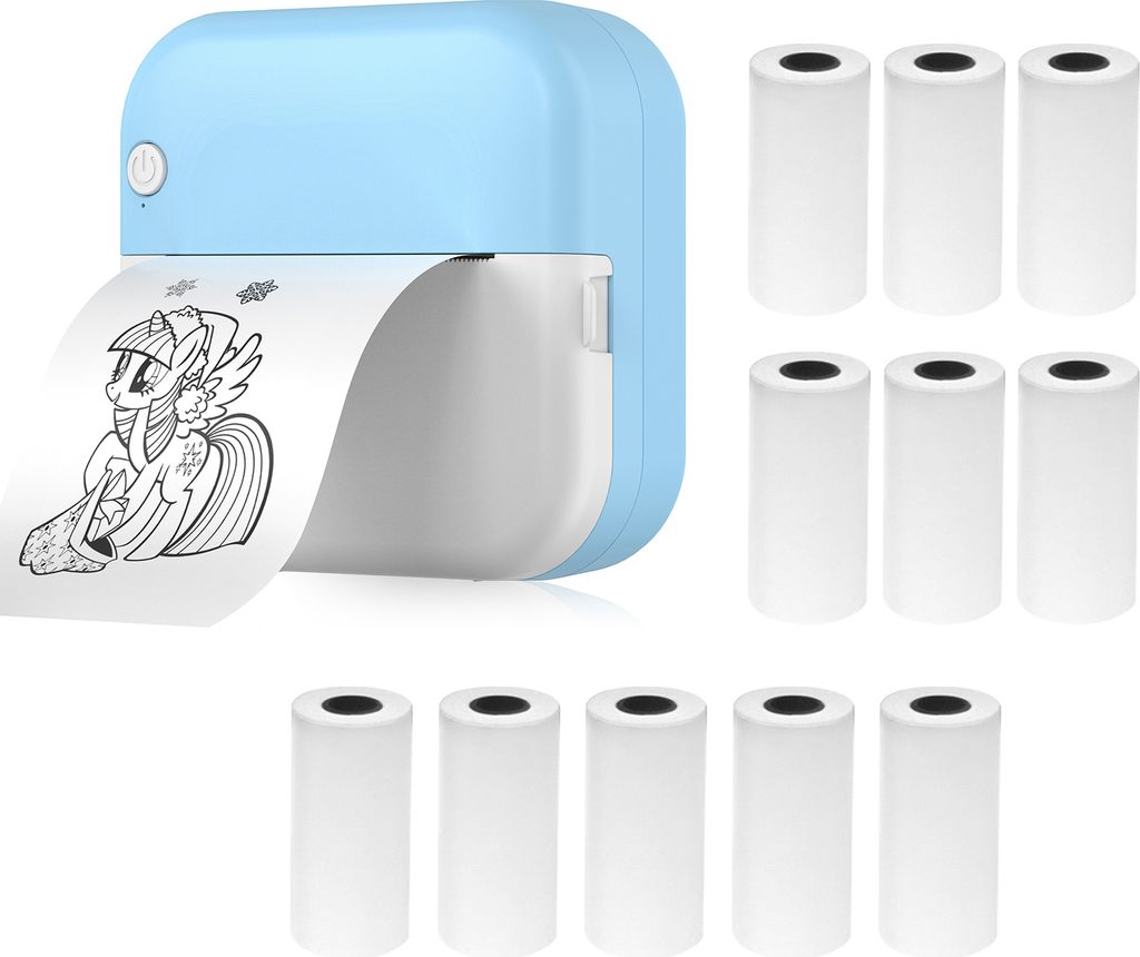 Mini-Drucker, Thermodrucker, Bluetooth Fotodrucker fuer Smartphone mit 11 Papierrollen 57 mm, kompatibel mit iOS Android,Blau
