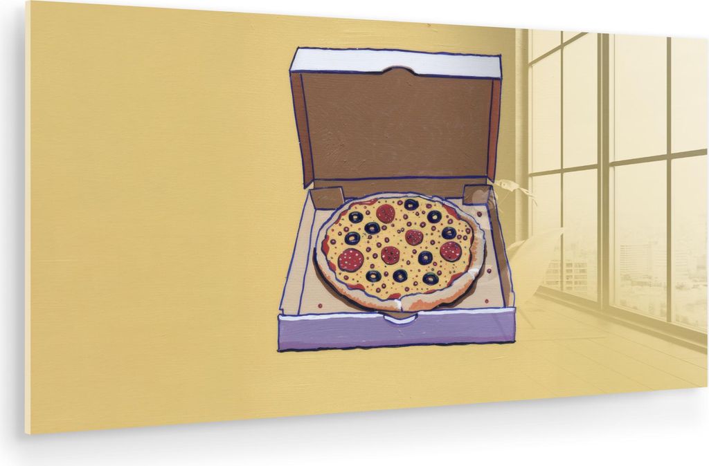 MuchoWow Glasbilder - Bilder auf Wandbild - Foto auf Glas Pizza - Schachtel - Salami - Illustration 120x60 cm Wanddekoration aus Glas - Acrylglasbi...