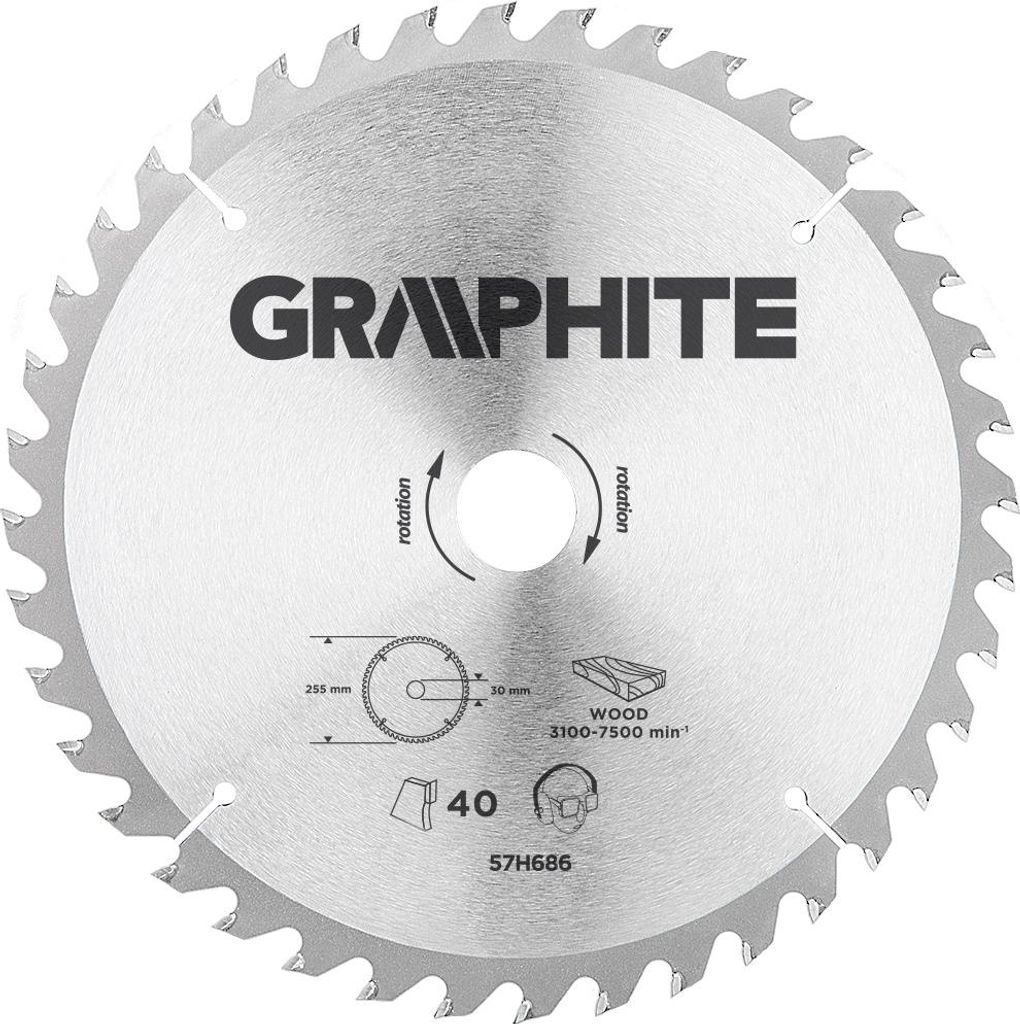 GRAPHITE kreissägeblatt 255 mm 40t blatt 144 mm, dornloch 30 mm, zähne 40, dicke 2,0 mm, schnittdicke 2,8 mm, geometrie atb, mat