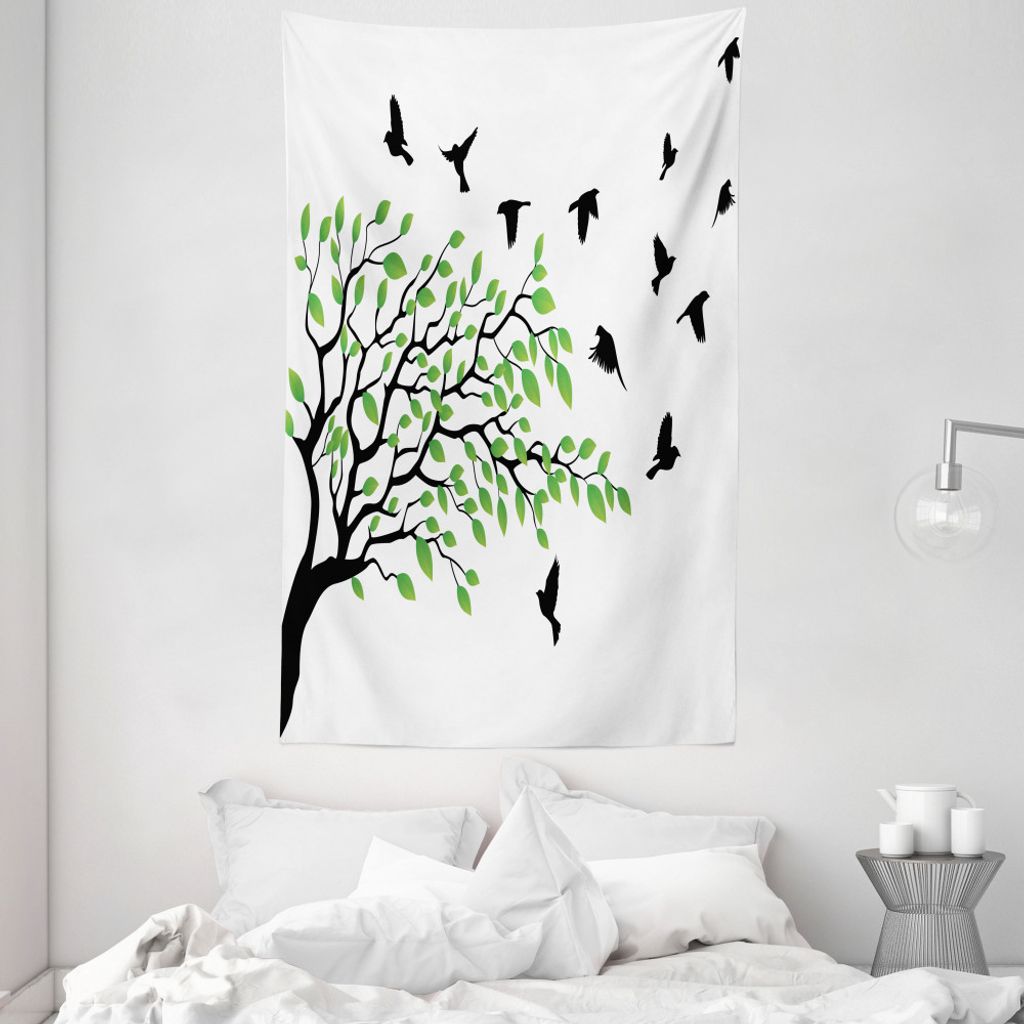 ABAKUHAUS Baum Wandteppich und Tagesdecke, Flying Birds Frühling Frieden aus Weiches Mikrofaser Stoff Waschbar ohne Verblassen Digitaldruck, 140 x...