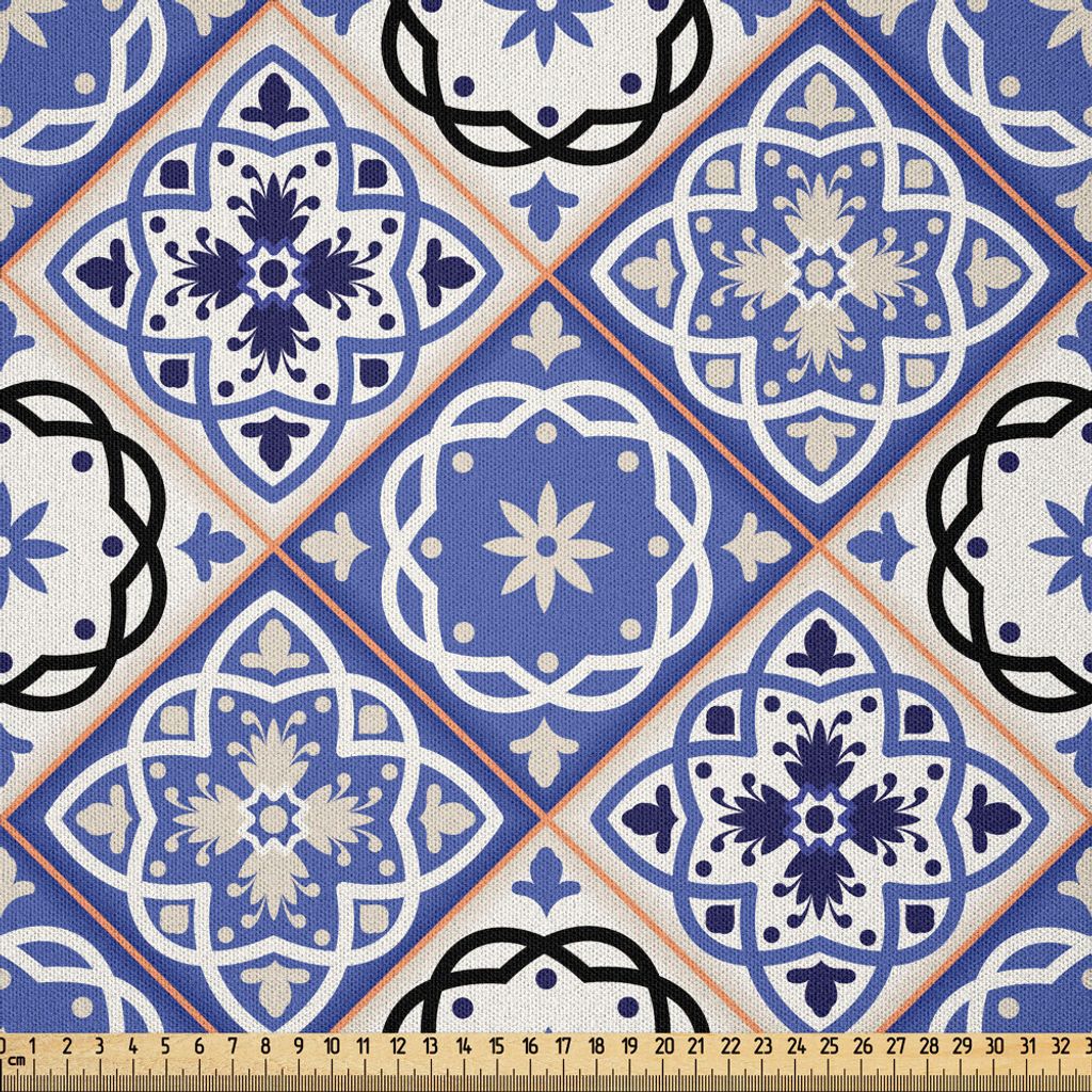 ABAKUHAUS marokkanisch Microfaser Stoff als Meterware , Geometrische Fliese-Quadrate mit nahöstlichem Arabesque Azulejo Design, 1 M (230 x 100 cm)...