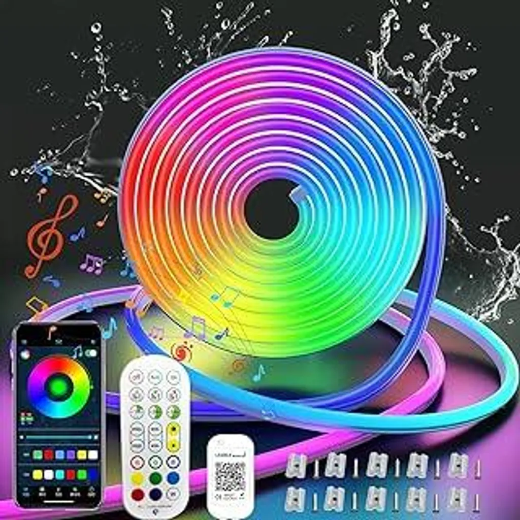 Striscia luminosa al neon, 5 m, striscia LED RGB con 360 LED, flessibile, con app e telecomando, sincronizzazione con la musica, atmosfera LED multicolore, per decorazioni natalizie, feste