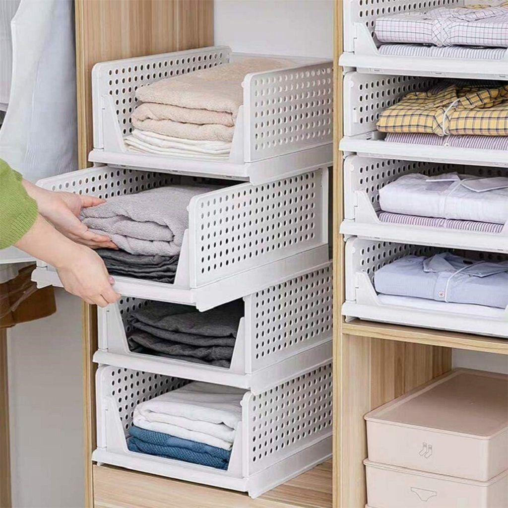 Aufbewahrungsbox 4 Stück Kleiderschrank Organizer, Stapelbare, 42,5*32,5*18,5cm, Weiß