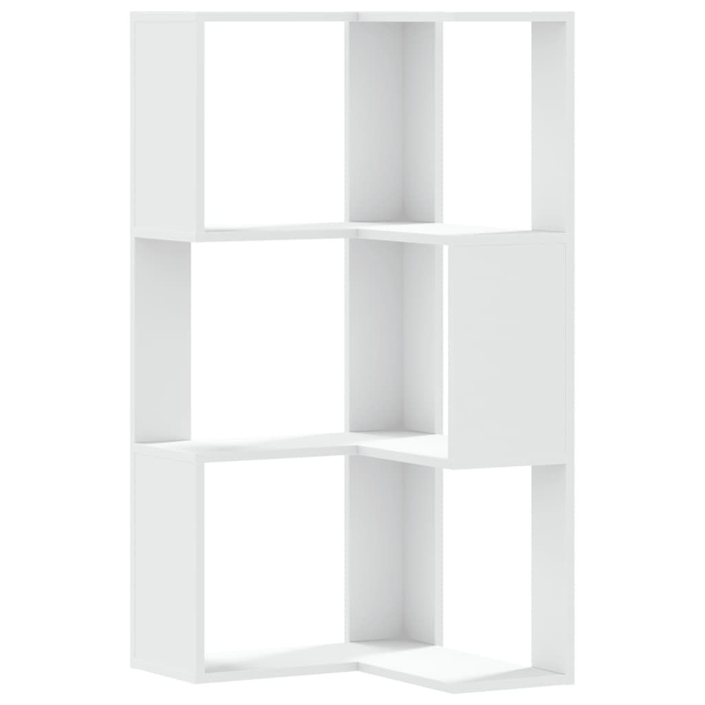 A white, multi-compartment bookshelf is shown against a white background.