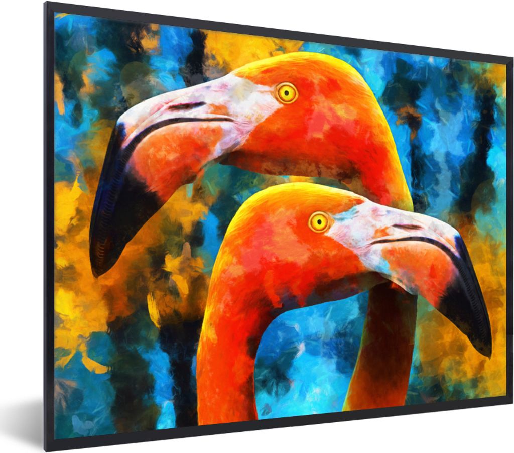 MuchoWow Gerahmtes Poster Gemälde - Ölfarbe - Flamingo 40x30 cm - Poster mit Schwarzem Bilderrahmen Wandposter Rahmen Foto Bilder - Kunstposter...