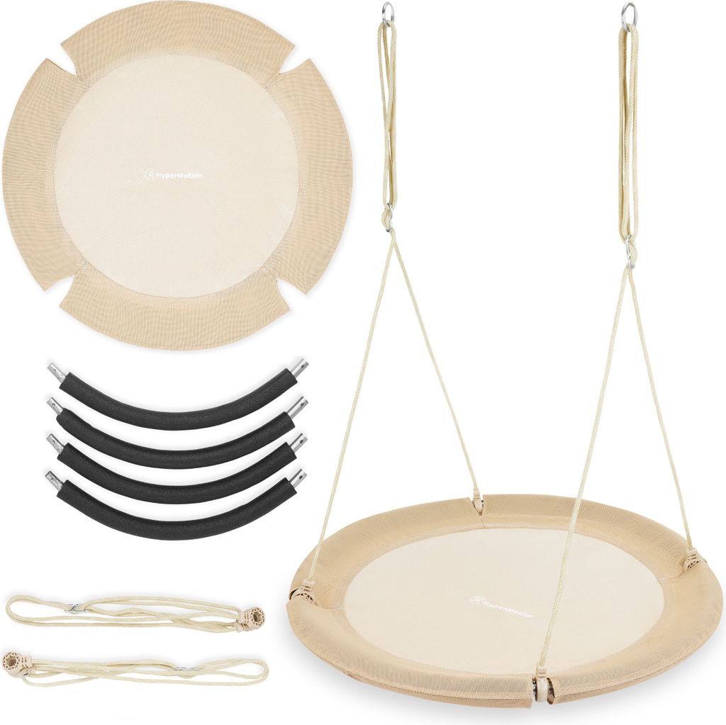 A disassembled nest swing set with its components laid out.