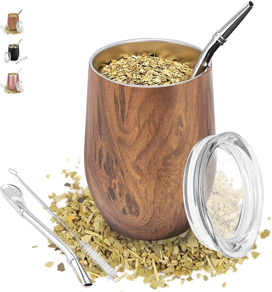 Mate Becher, 340 ml Teetassen Set, Edelstahl doppelwand isolier Enthält Bombillas und eine Reinigungsbürste, Mate Teetasse mit BPA-freiem Deckel