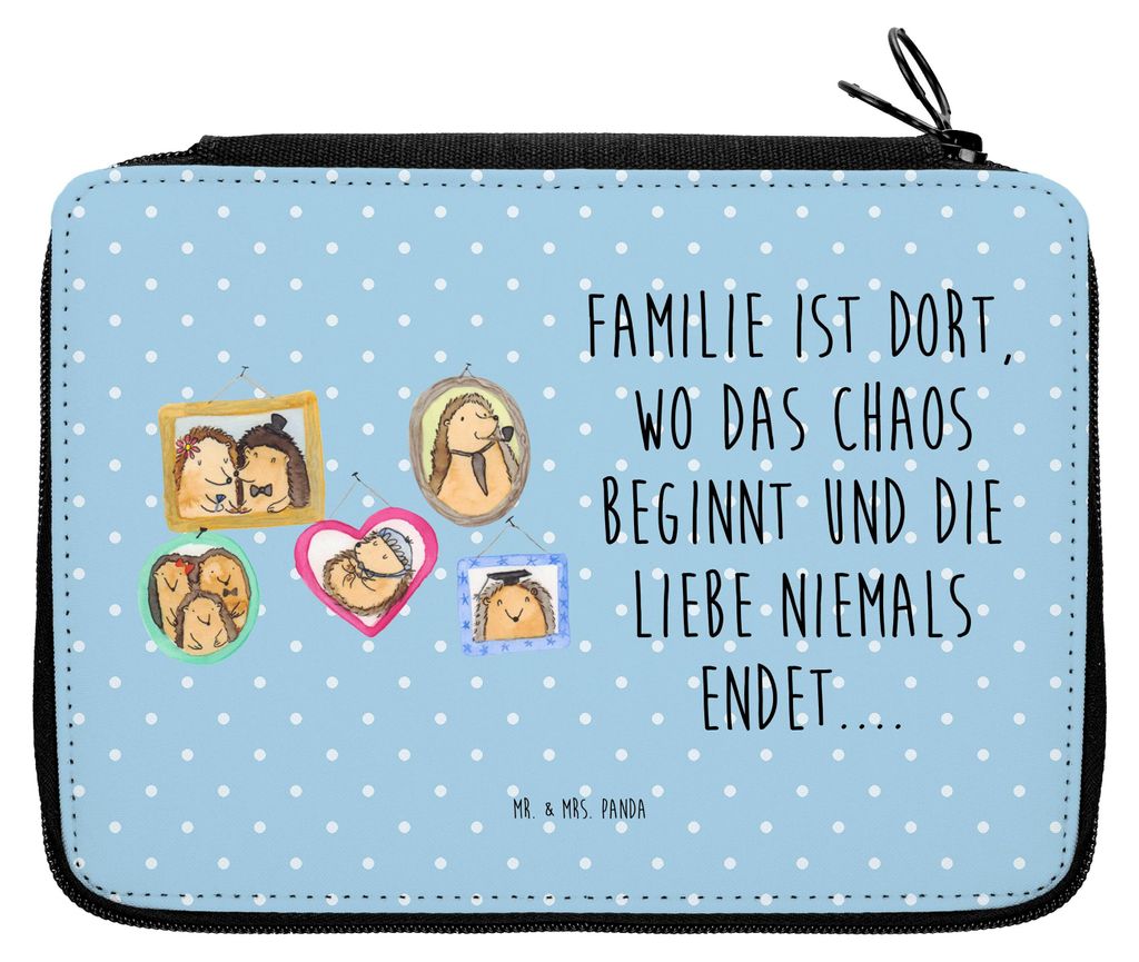 Mr. & Mrs. Panda Etui Igel Familie - Blau Pastell - Geschenk, Schwester, Bilder, Bleistiftetui, Muttertag, Schlampermäppchen, Federmäppchen, Glü...