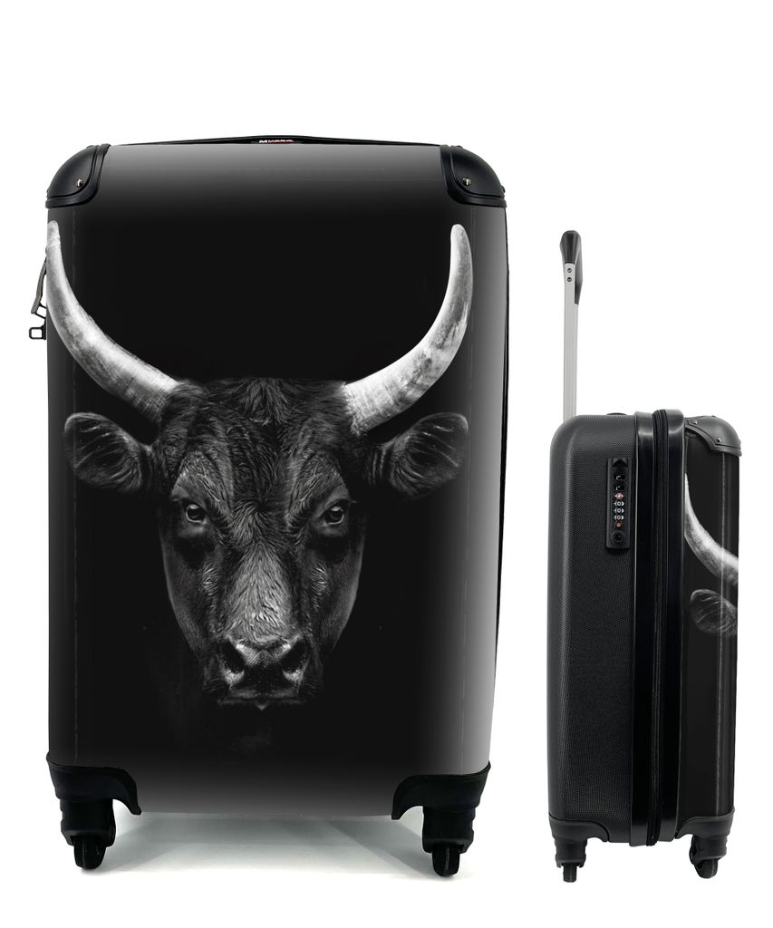 MuchoWow Koffer Handgepäck Trolley Rollkoffer Kleine Reisekoffer mit 4 Rollen - Tiere - Stier - Schwarz - Weiß - Porträt - Cabin Size < 55x40x...