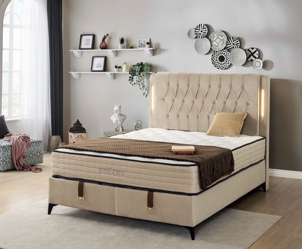 BAHAMA Beige Velvet Set Samt Boxspringbett Set LED-Beleuchtung Set 4 teilig 180x200 cm inkl. Matratze Hydraulisch Stauraum Doppelbett
