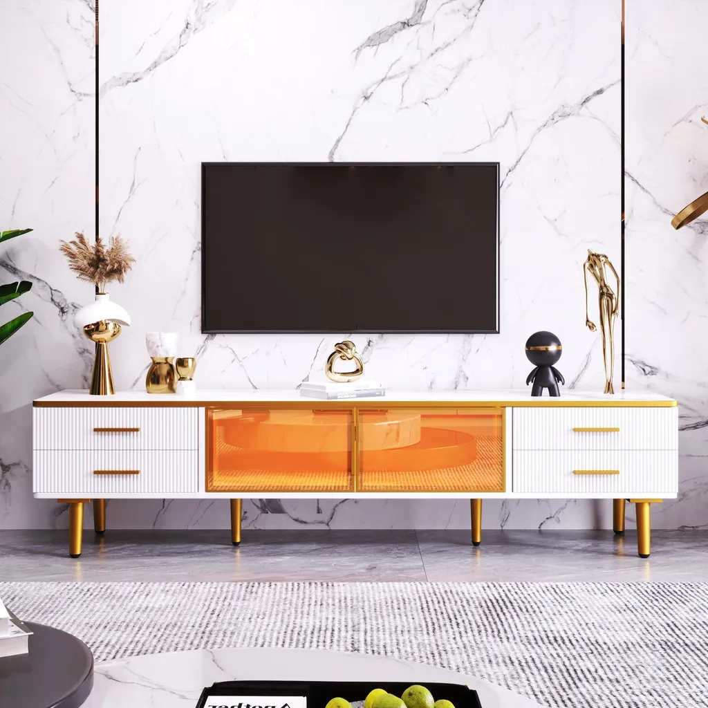 Meuble TV 4 Tiroirs à Poignées Dorées et Portes en Verre Trempé Marron