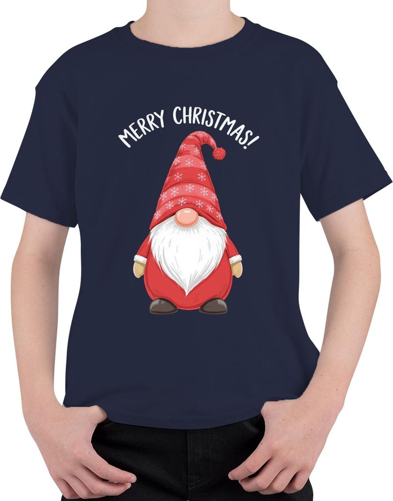 Merry Christmas! Weihnachtsgnom Wichtel Weihnachten Schneeflocken Uni Kinder T-Shirt, Navy, 116
