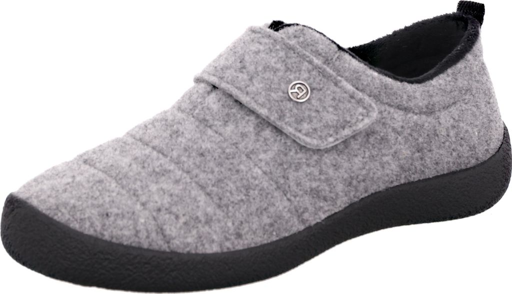 A single gray slipper with a black sole and a velcro strap is shown against a white background.