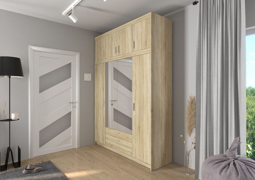 Kleiderschrank ELENA 4D Drehtürenschrank 177x245x53cm Schlafzimmer mit 4 Türen und 2 Schubladen Garderobe mit Spiegiel + Schrankaufsatz Sonoma
