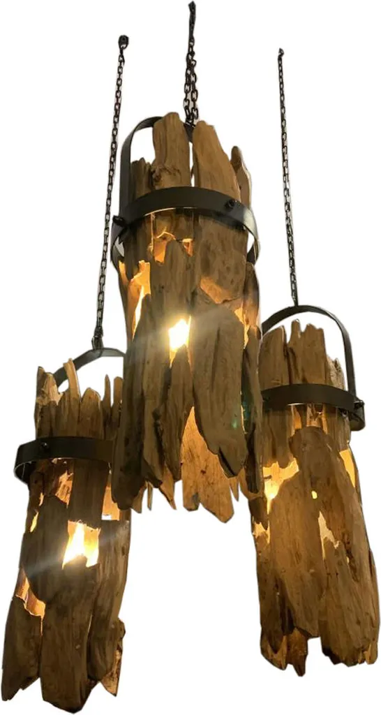 Grand plafonnier design bois de teck et métal noir Home ESPRIT 160cm