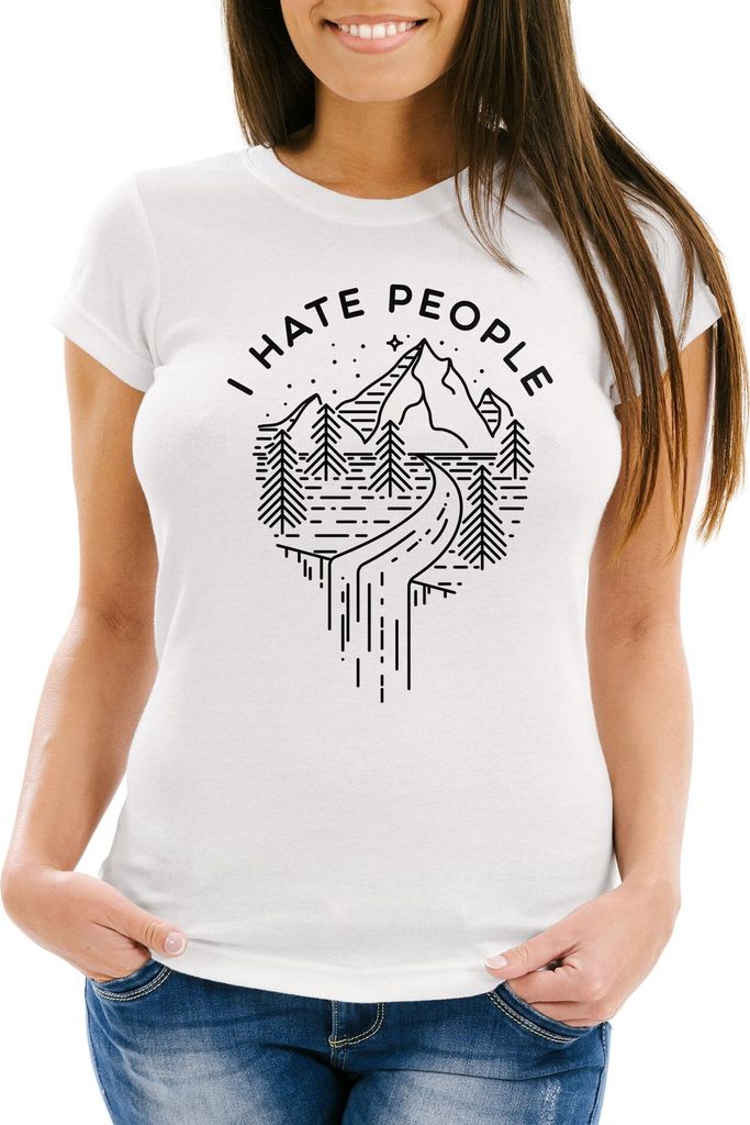 Damen T-Shirt Aufschrift I hate People Adventure Berge Natur Fun-Shirt Spruch lustig Moonworks weiß 3XL