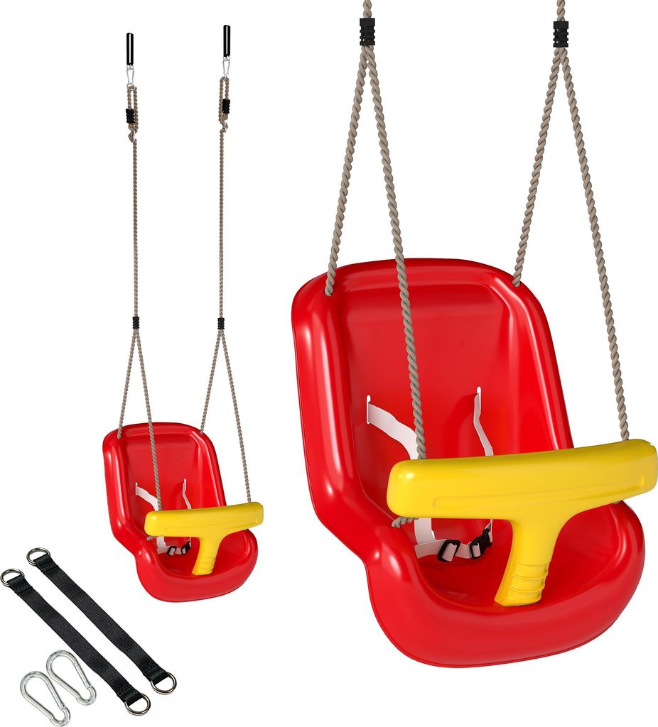 Babyschaukel verstellbar Mitwachsend Babysitz mit Rückenlehne, Sicherheitsgeländer, für Kinder von 9-36 Monaten, Rot