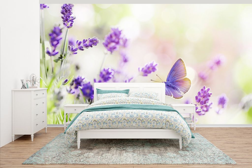MuchoWow Fototapete für Wohnzimmer oder Schlafzimmer Wandtapete Vinyl Motivtapete Lavendel - Schmetterling - Blumen - Natur - 535x300 cm - Wandd...